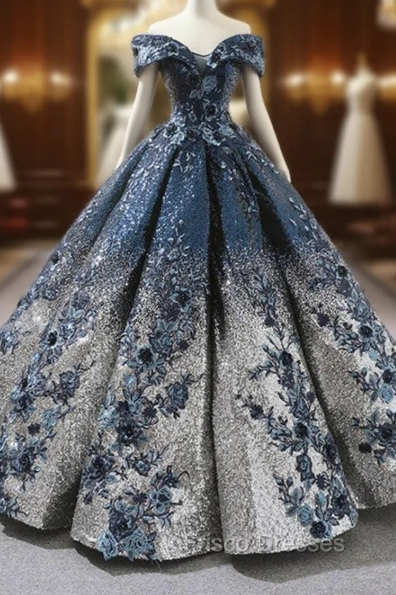 Blue Ball Gown Sequins Off The Shoulder Appliques Floor Length Wedding Dress