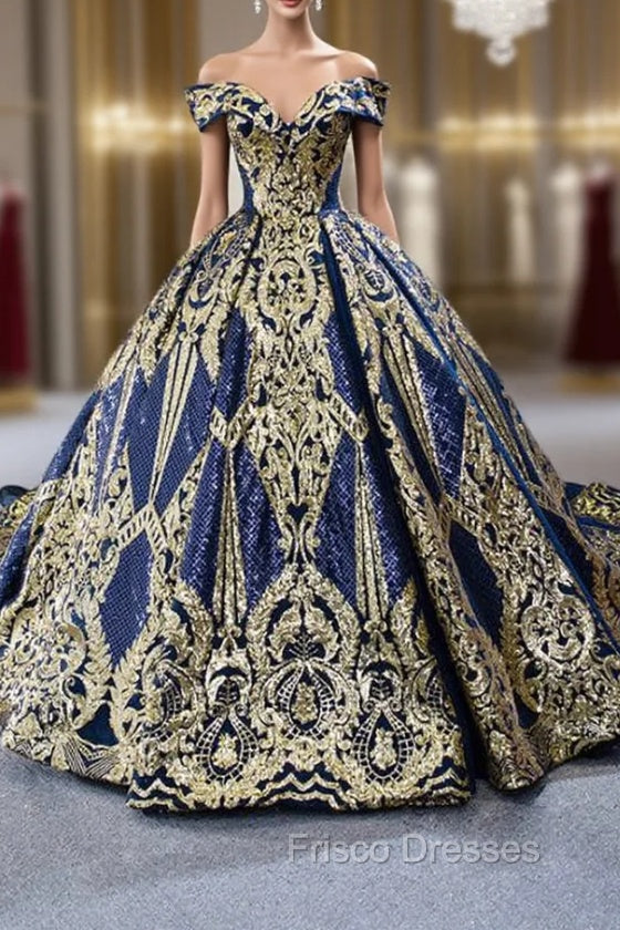 Blue Ball Gown Sequins Off the Shoulder Luxury Formal Prom Dress Main image