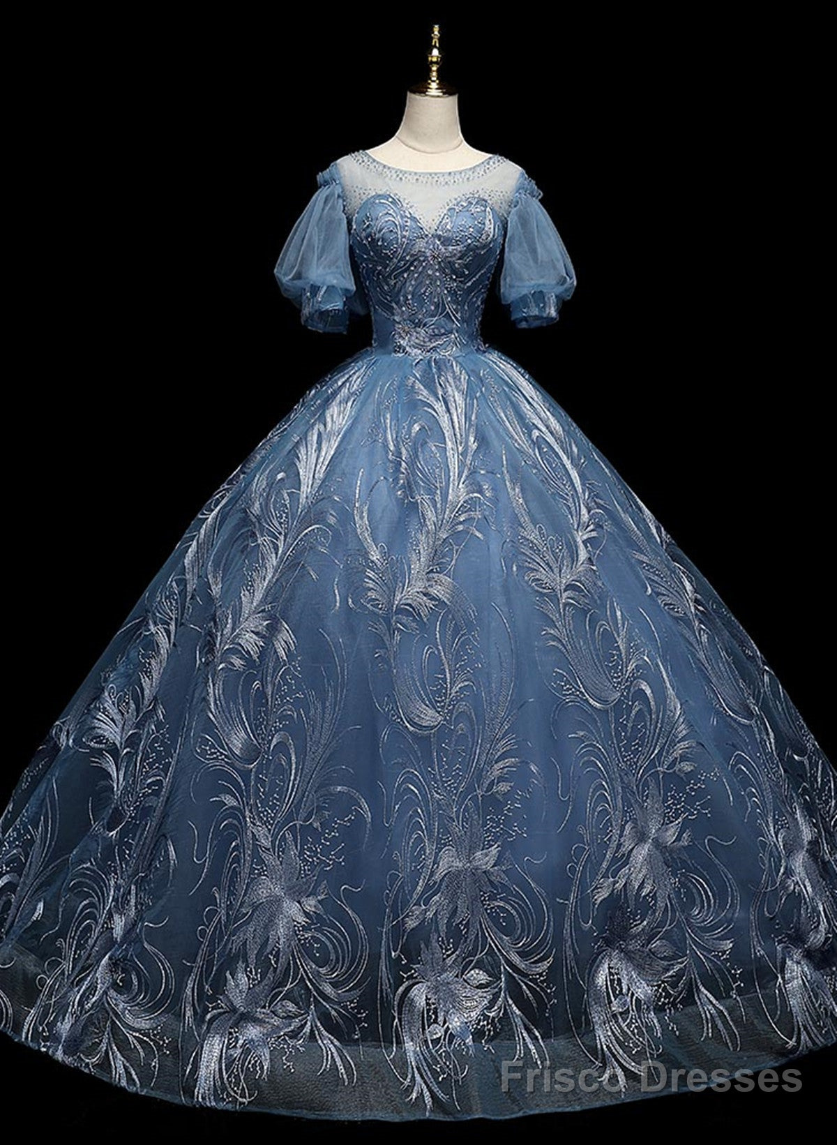 Blue Ball Gown Short Sleeves Tulle Long Party Dress, Blue Tulle Prom Dress Main image