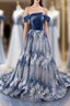Blue Ball Gown Silver Sequins Off the Shoulder Formal Prom Dress