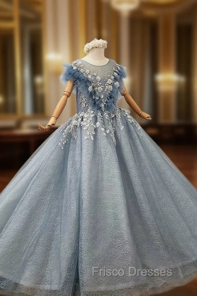 Blue Ball Gown Tulle Appliques Beading Flwoer Girl Dress Main image