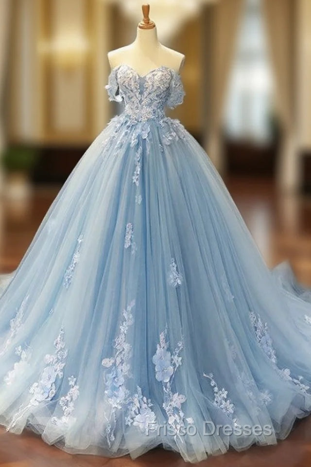 Blue Ball Gown Tulle Appliques Off The Shoulder Backless Sweet 16 Formal Prom Dress