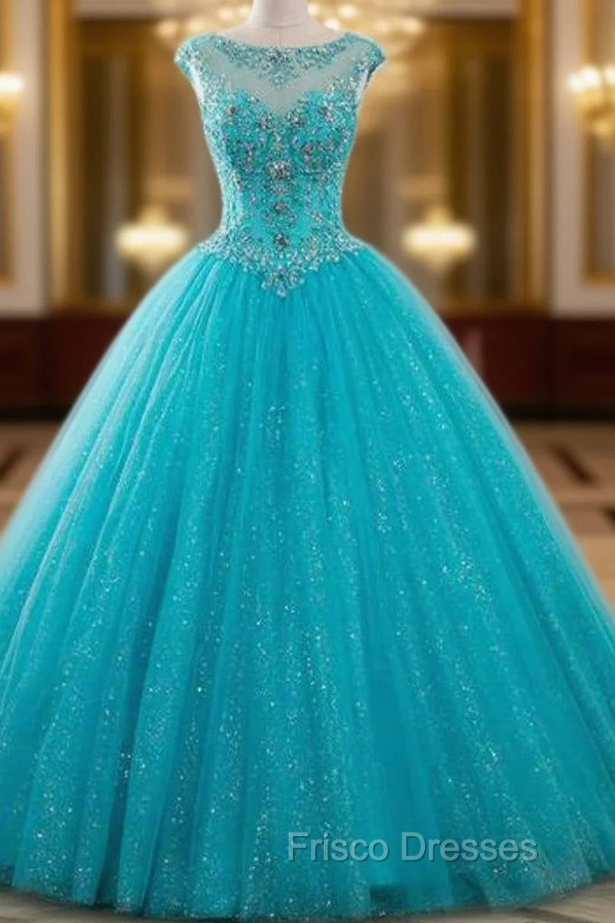 Blue Ball Gown Tulle Backless Long Quinceanera Dress With Crystal