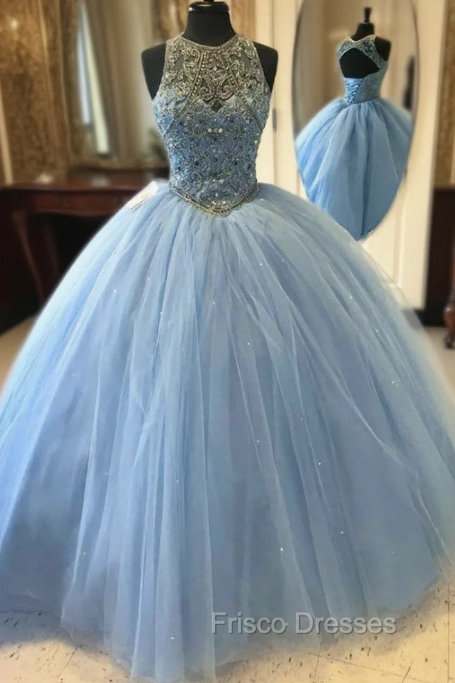Blue Ball Gown Tulle Beaded Halter Backless Sweet 16 Formal Prom Dress
