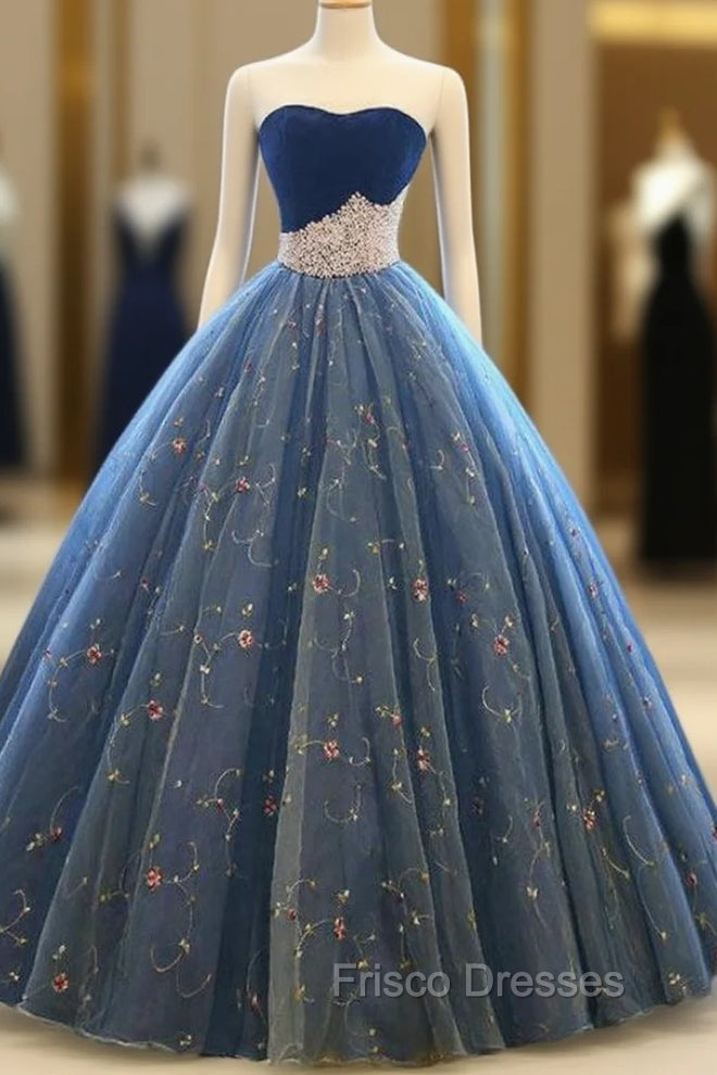 Blue Ball Gown Tulle Floor Length Strapless Princess Quinceanera Dress