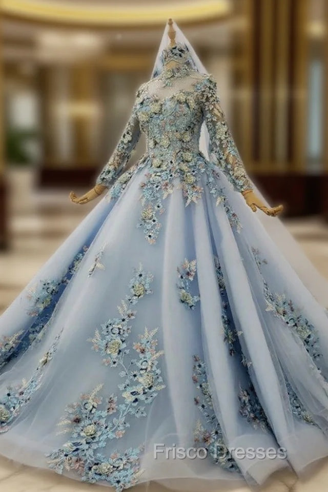 Blue Ball Gown Tulle High Neck Long Sleeve Appliques Beading Wedding Dressading Wedding Dress