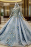 Blue Ball Gown Tulle High Neck Long Sleeve Appliques Beading Wedding Dressading Wedding Dress