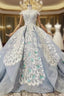 Blue Ball Gown Tulle Lace Appliques Cap Sleeve Luxury Wedding Dress With Beading