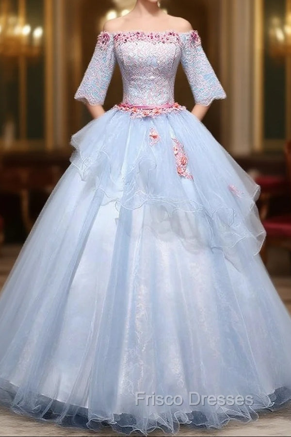 Blue Ball Gown Tulle Lace Short Sleeve Lace Quinceanera Dress Main image