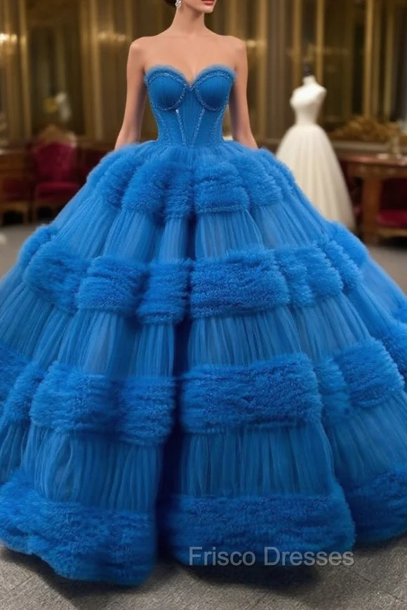Blue Ball Gown Tulle Pink Tulle Pleats Beading Formal Prom Dress Main image