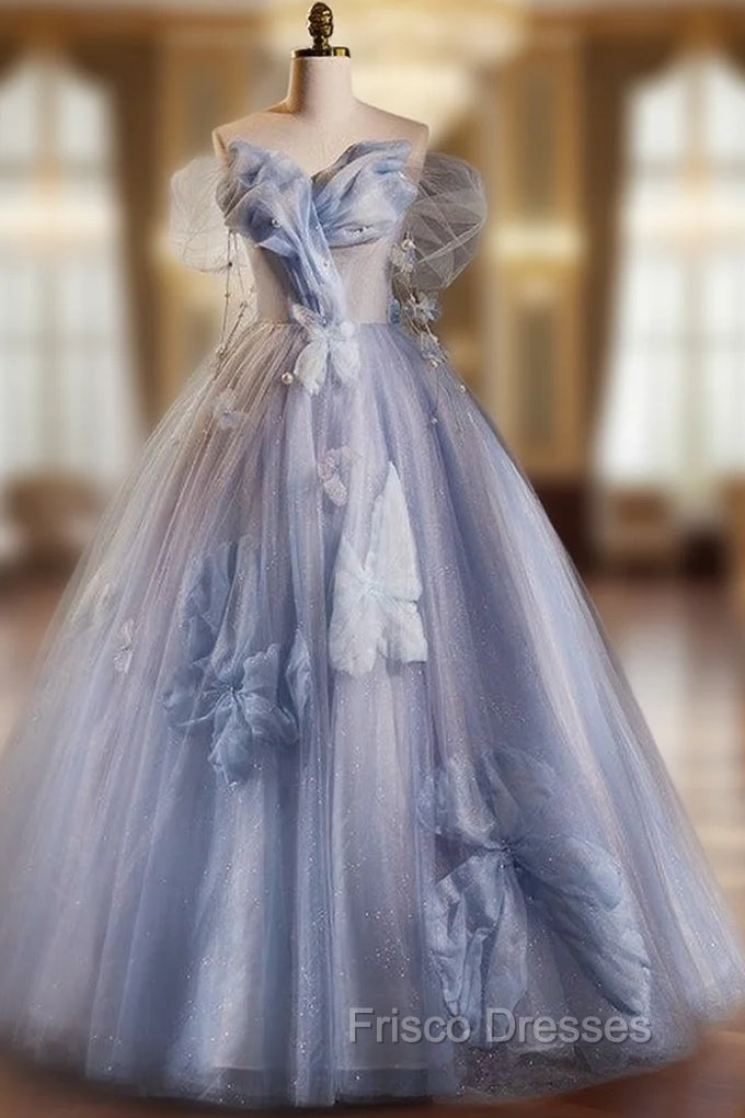 Blue Ball Gown Tulle Sequins Off the Shoulder Beading Formal Prom Dress Main image