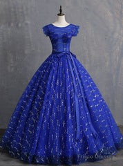 Blue Ball Gown Tulle Sequins Open Back Quinceanera Dresses With Sash