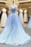 Blue Ball Gown Tulle Spaghetti Straps Beading Formal Prom Dress