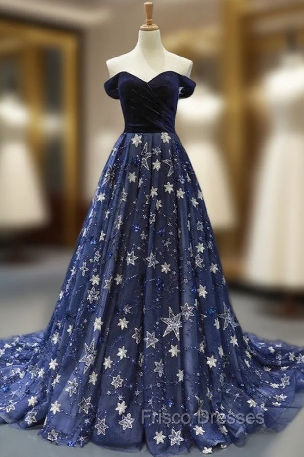 Blue Ball Gown Tulle Star Sequins Off the Shoulder Formal Prom Dress