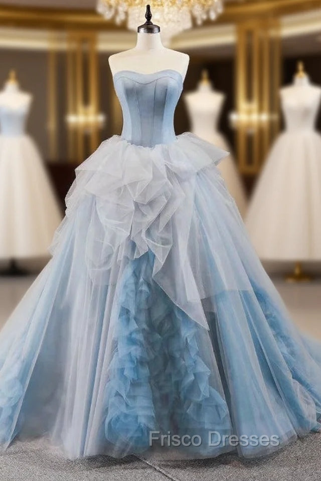 Blue Ball Gown Tulle Sweetheart Sleevelss Princess Formal Prom Dress With Train