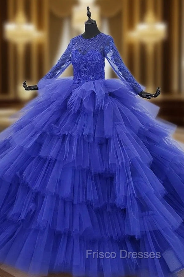 Blue Ball Gown Tulle Tiers Long Sleeve Beading Wedding Dress Main image
