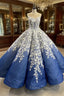 Blue Ball Gown White 3D Appliques Formal Prom Dress