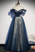 Blue Beaded Off Shoulder Sweetheart Shiny Tulle Party Dress, Blue Evening Dress Prom Dress