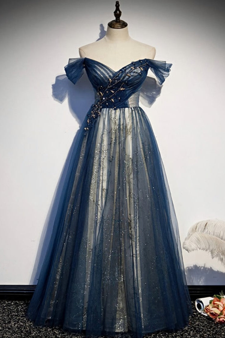 Blue Beaded Off Shoulder Sweetheart Shiny Tulle Party Dress, Blue Evening Dress Prom Dress