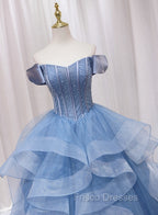 Blue Beaded Off Shoulder Tulle Long Formal Dress, Blue Evening Dress Formal Prom Dress