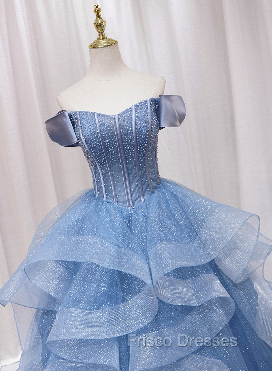 Blue Beaded Off Shoulder Tulle Long Formal Dress, Blue Evening Dress Formal Prom Dress