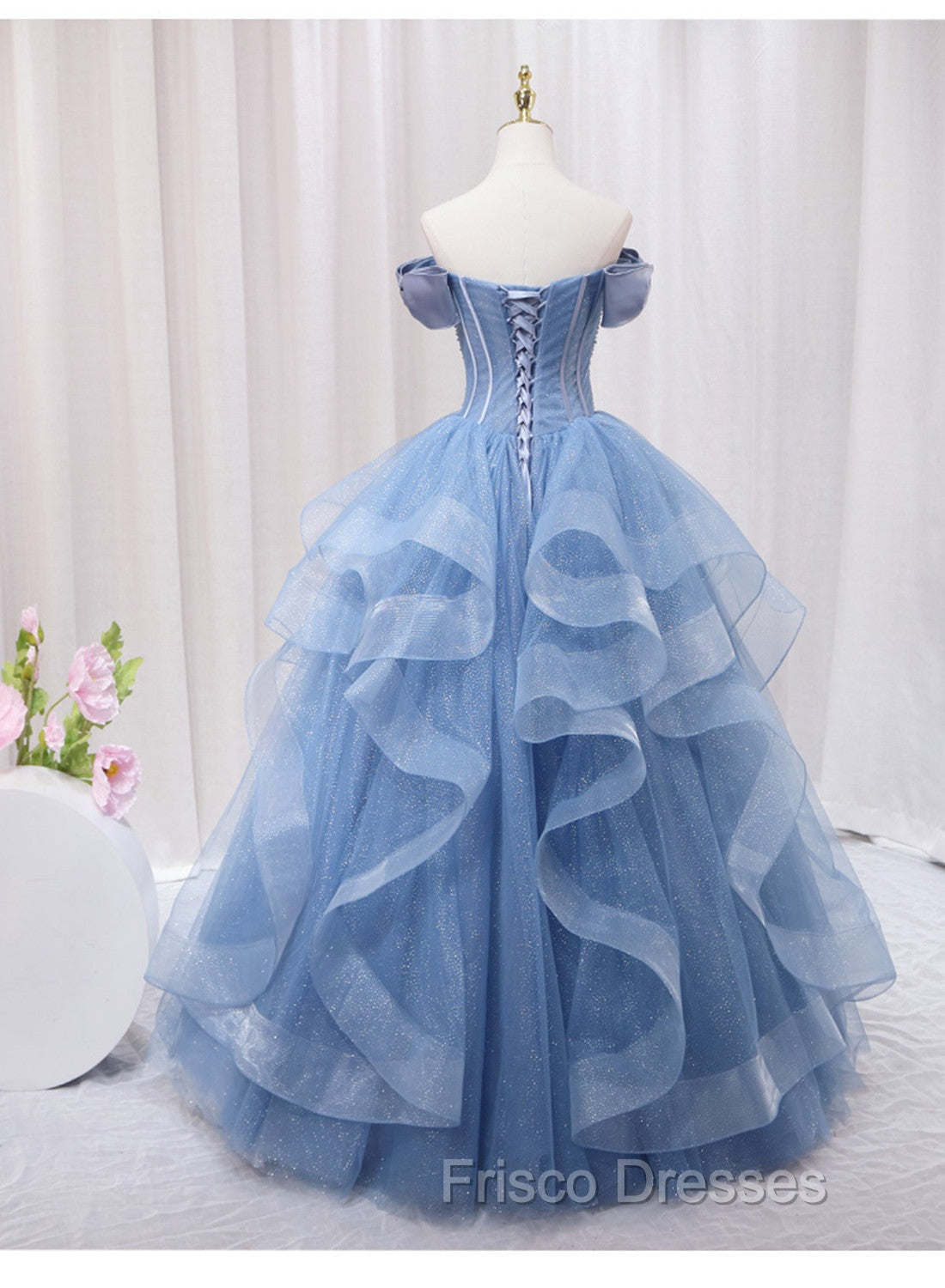 Blue Beaded Off Shoulder Tulle Long Formal Dress, Blue Evening Dress Formal Prom Dress