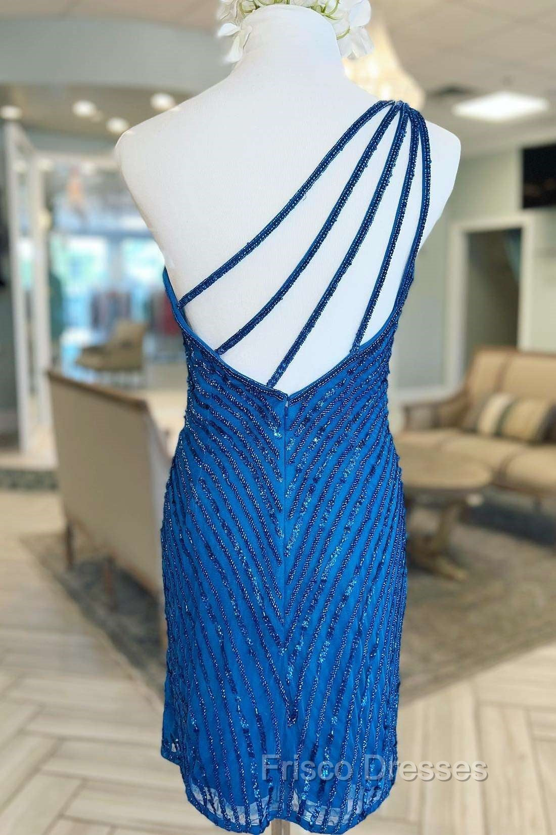 Blue Beaded One-Shoulder Short Cocktail Dress Secondary image