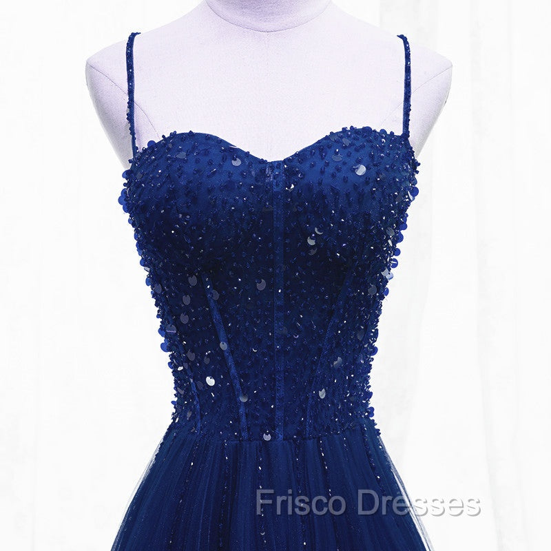 Blue Beaded Straps A-line Tulle New Formal Prom Dress Party Dress, Blue Floor Length Party Dress Secondary image