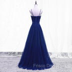 Blue Beaded Straps A-line Tulle New Formal Prom Dress Party Dress, Blue Floor Length Party Dress