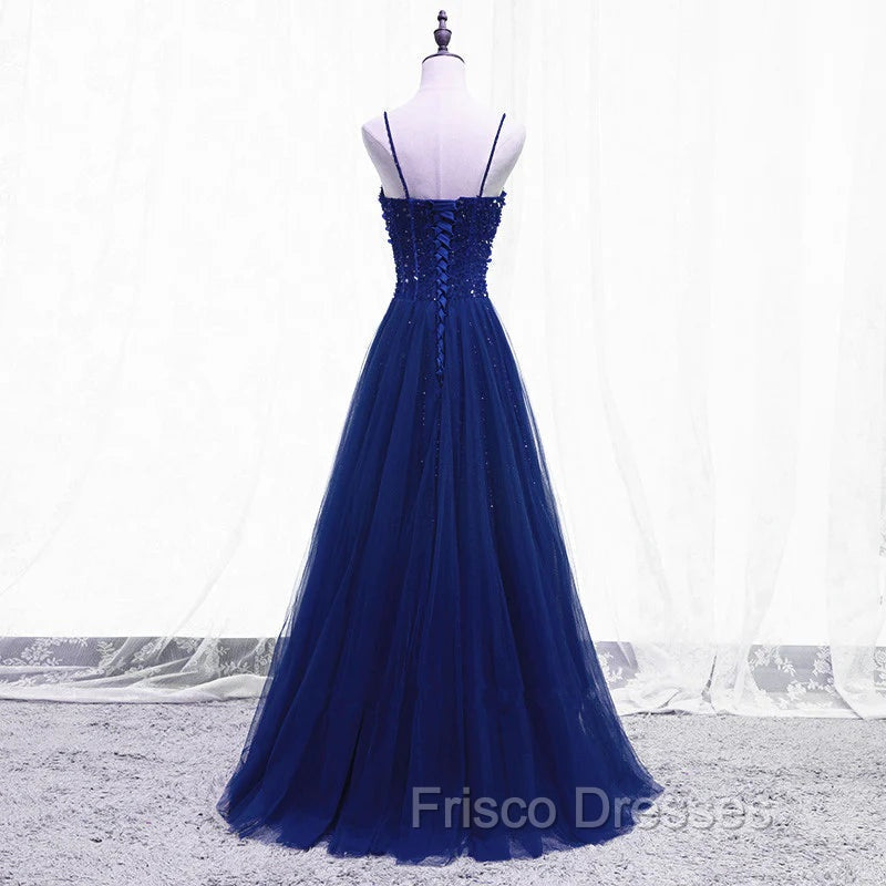 Blue Beaded Straps A-line Tulle New Formal Prom Dress Party Dress, Blue Floor Length Party Dress