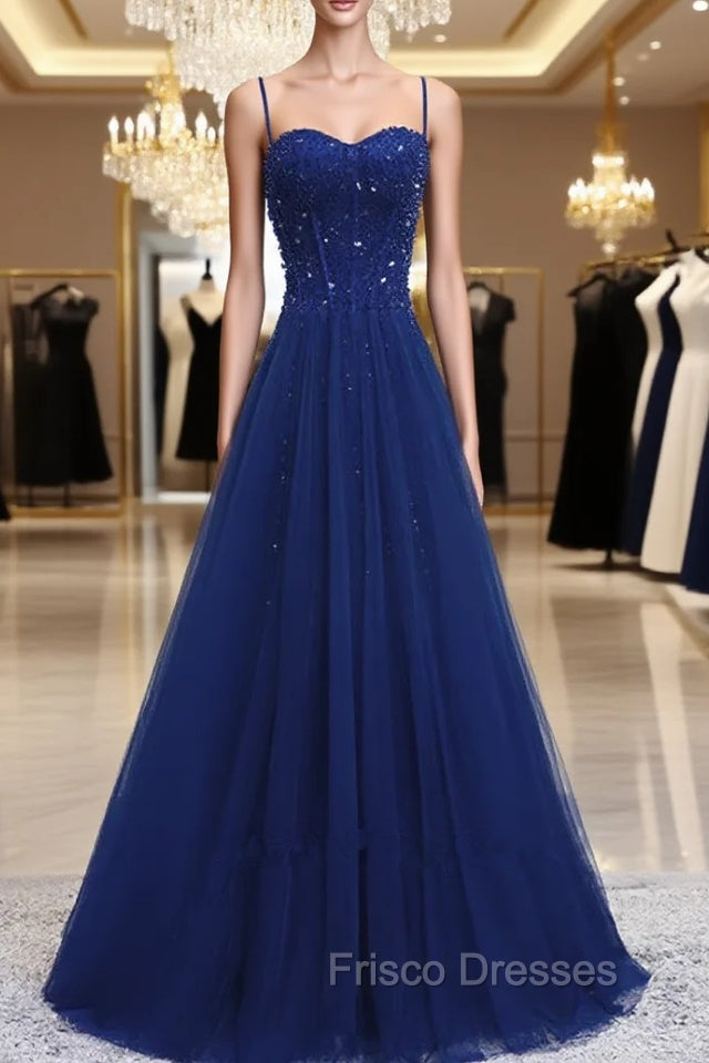 Blue Beaded Straps A-line Tulle New Formal Prom Dress Party Dress, Blue Floor Length Party Dress Main image