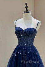 Blue Beaded Sweetheart Tulle A-line Formal Prom Dress, Blue Long Party Dress