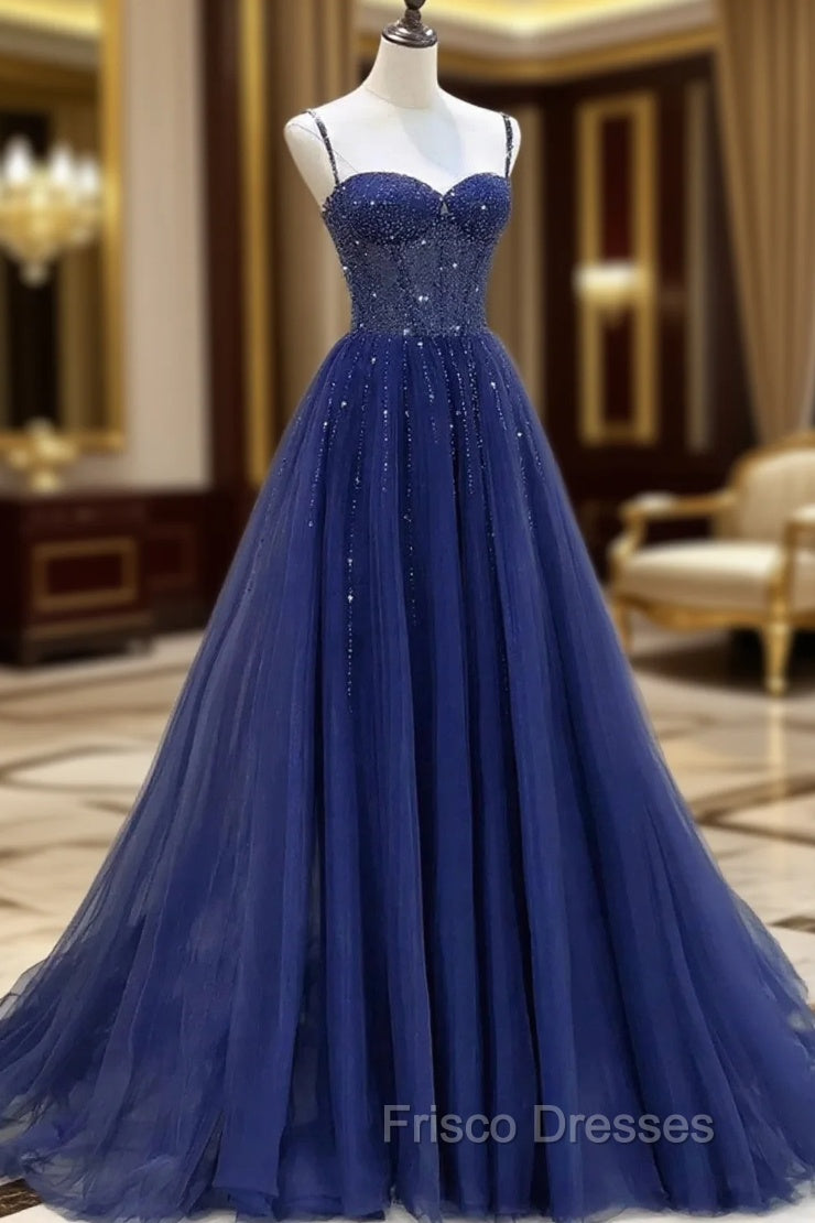 Blue Beaded Sweetheart Tulle A-line Formal Prom Dress, Blue Long Party Dress