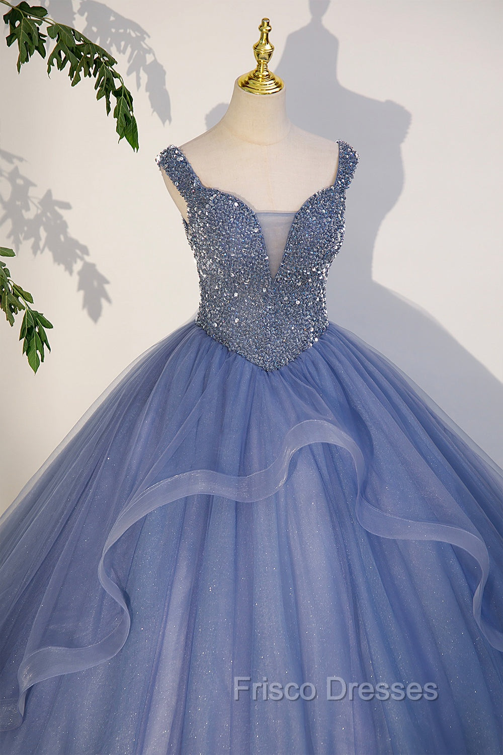 Blue Beaded Tulle Long A-Line Formal Prom Dress, Blue Formal Dress Secondary image