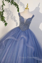 Blue Beaded Tulle Long A-Line Formal Prom Dress, Blue Formal Dress