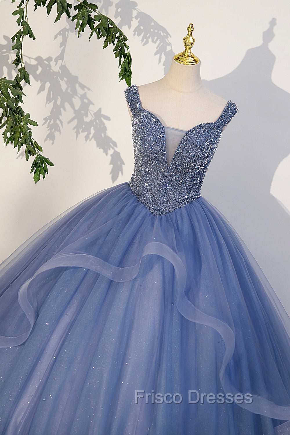 Blue Beaded Tulle Long A-Line Formal Prom Dress, Blue Formal Dress