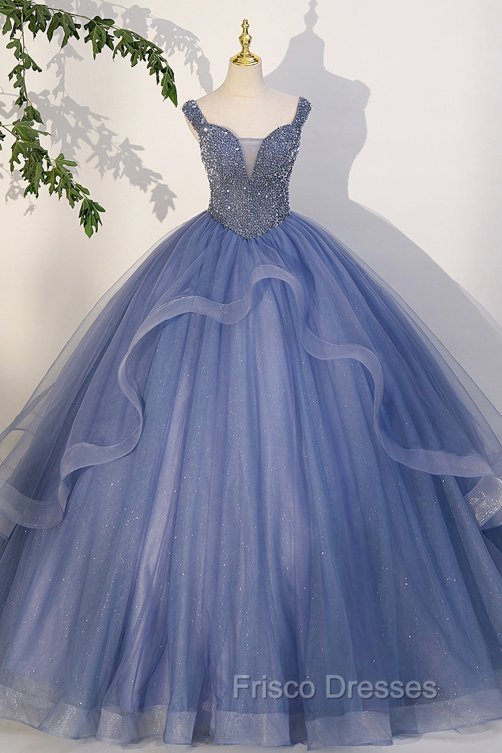 Blue Beaded Tulle Long A-Line Formal Prom Dress, Blue Formal Dress