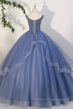 Blue Beaded Tulle Long A-Line Formal Prom Dress, Blue Formal Dress