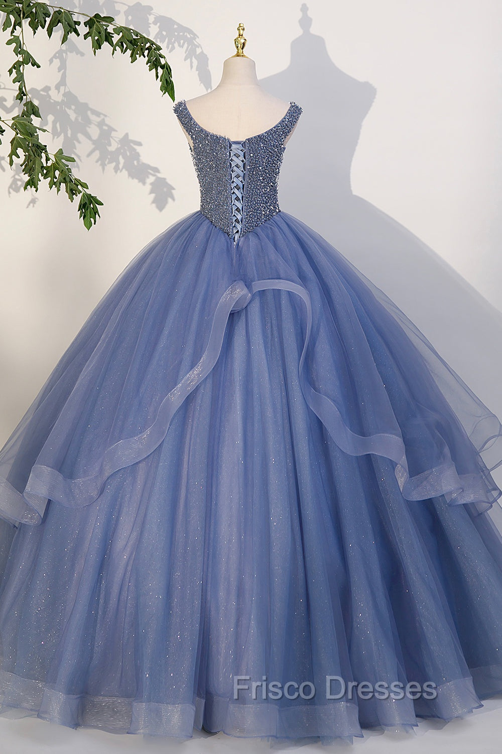 Blue Beaded Tulle Long A-Line Formal Prom Dress, Blue Formal Dress