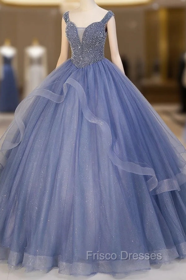 Blue Beaded Tulle Long A-Line Formal Prom Dress, Blue Formal Dress Main image