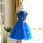 Blue Beaded Tulle Short Cute Homecoming Dress, Blue Short Party Dress Formal Prom Dress