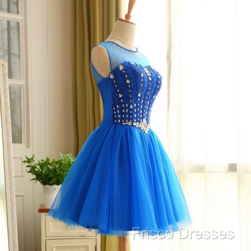Blue Beaded Tulle Short Cute Homecoming Dress, Blue Short Party Dress Formal Prom Dress