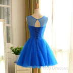 Blue Beaded Tulle Short Cute Homecoming Dress, Blue Short Party Dress Formal Prom Dress