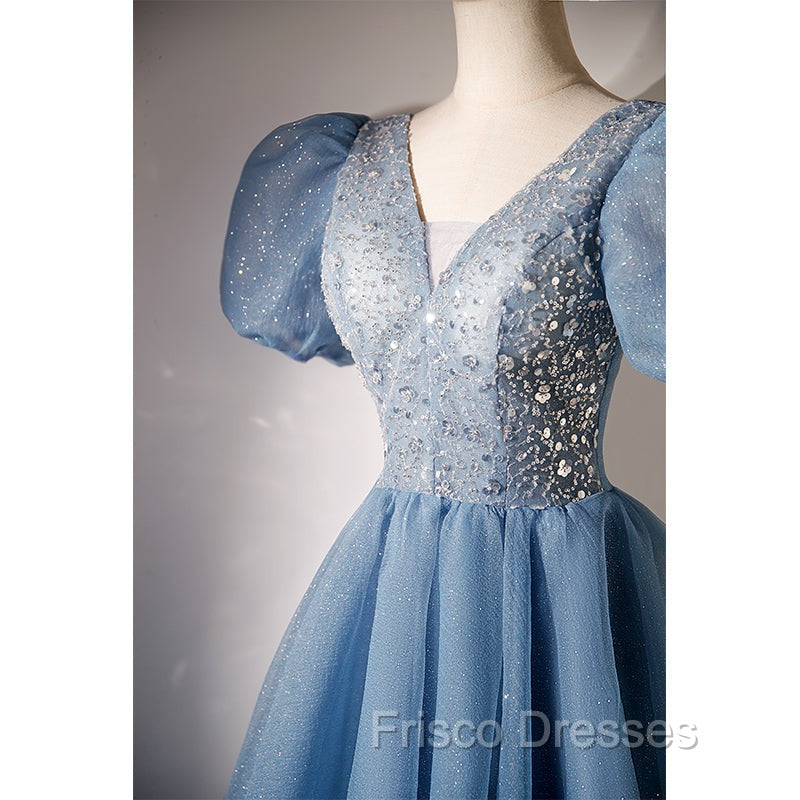 Blue Beaded Tulle Short Sleeves Formal Dress, Blue Homecoming Dress Formal Prom Dress