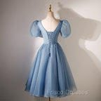 Blue Beaded Tulle Short Sleeves Formal Dress, Blue Homecoming Dress Formal Prom Dress