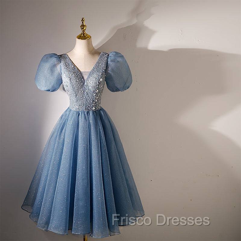 Blue Beaded Tulle Short Sleeves Formal Dress, Blue Homecoming Dress Formal Prom Dress