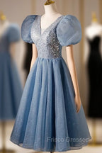 Blue Beaded Tulle Short Sleeves Formal Dress, Blue Homecoming Dress Formal Prom Dress