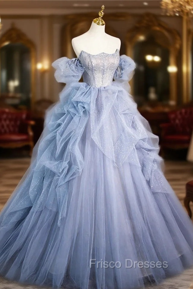 Blue Cascading Ruffles Long Formal Prom Dress, A-Line Strapless Short Sleeve Sweep Train Evening Dress Secondary image