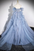 Blue Cascading Ruffles Long Formal Prom Dress, A-Line Strapless Short Sleeve Sweep Train Evening Dress