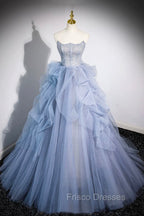 Blue Cascading Ruffles Long Formal Prom Dress, A-Line Strapless Short Sleeve Sweep Train Evening Dress